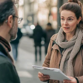 A woman practicing a network marketing recruitment strategy on a man on the street