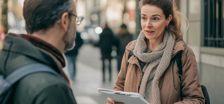 A woman practicing a network marketing recruitment strategy on a man on the street