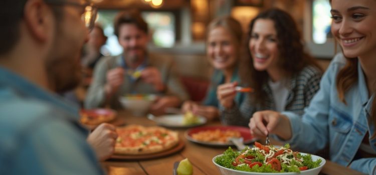 A smiling woman eating a salad in a restaurant while other people are eating pizza illustrates willpower training