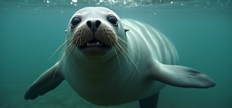 A harbor seal swimming under the water illustrates the sense of touch in animals