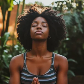 A woman practicing self-care outside by meditating