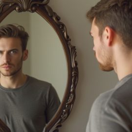 A confident and serious young man looking at himself in an oval mirror with a wood frame illustrates self-justification