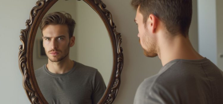 A confident and serious young man looking at himself in an oval mirror with a wood frame illustrates self-justification