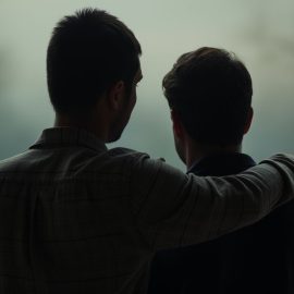 A man, seen in silhouette from behind, with his arm around another man illustrates an inspiring ALS story