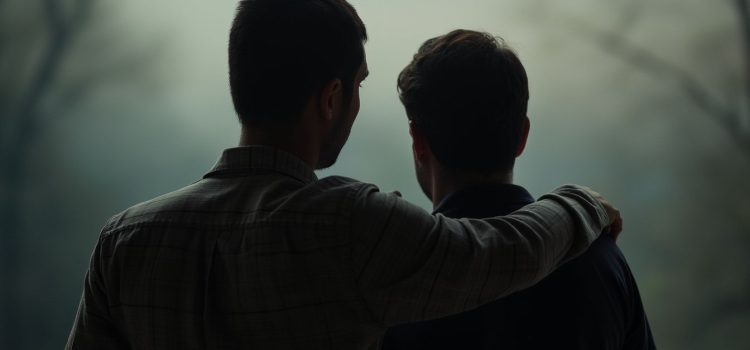 A man, seen in silhouette from behind, with his arm around another man illustrates an inspiring ALS story