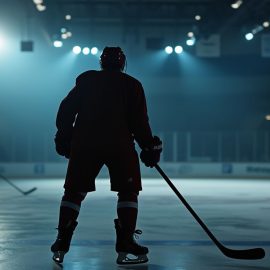 A silhouette of a hockey player seen from behind in an ice rink while another player skates in the background