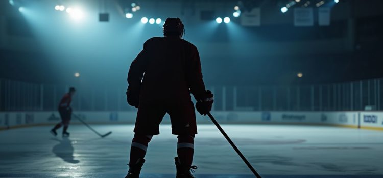 A silhouette of a hockey player seen from behind in an ice rink while another player skates in the background