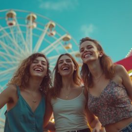 Three friends having fun at a carnival with a ferris wheel and carousel in the background illustrates how to live with autism