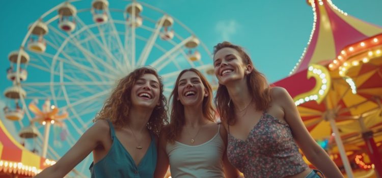 Three friends having fun at a carnival with a ferris wheel and carousel in the background illustrates how to live with autism