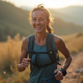 A smiling woman running on a trail illustrates the motivation cycle