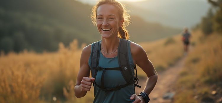 A smiling woman running on a trail illustrates the motivation cycle