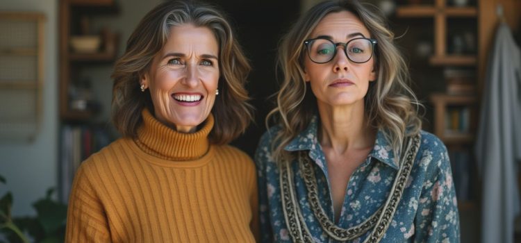 A kind, smiling woman standing next to a harsh, unhappy woman illustrates the question, "What is splitting in psychology?"