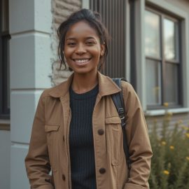 A smiling young woman standing in front of a house illustrates investing in rental properties