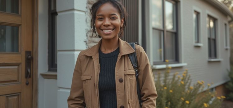 A smiling young woman standing in front of a house illustrates investing in rental properties