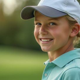 A smiling young golfer with blond hair, a white and gray cap, and a blue polo shirt illustrates advice for young athletes