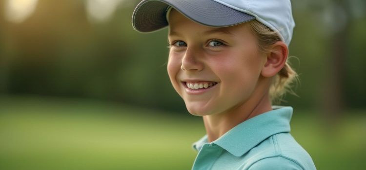 A smiling young golfer with blond hair, a white and gray cap, and a blue polo shirt illustrates advice for young athletes