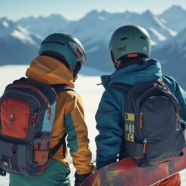 Two snowboarders, seen from behind, looking out at snowy mountains