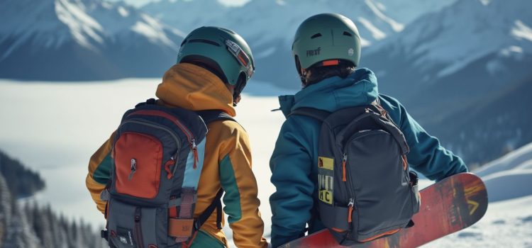 Two snowboarders, seen from behind, looking out at snowy mountains