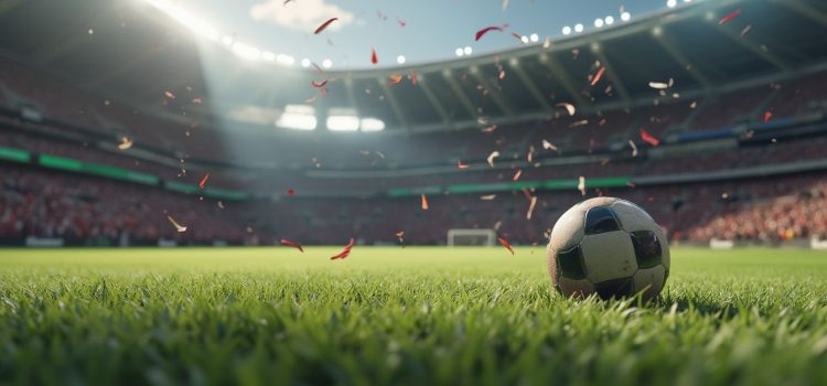 A soccer ball in the grass with huge crowds in the stands at a World Cup soccer tournament