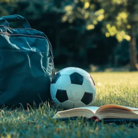 A gym bag and a soccer ball on a grassy sports field next to an open book