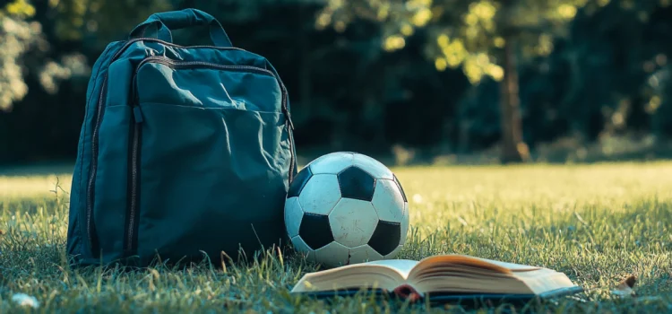 A gym bag and a soccer ball on a grassy sports field next to an open book