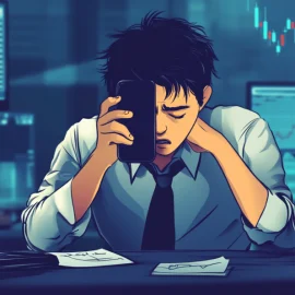 A cartoon of a stressed man at a desk surrounded by monitors showing stock trends, representing greed and fear in the stock market