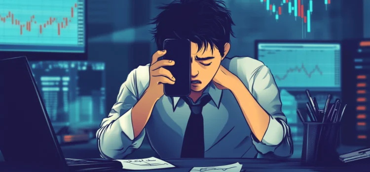 A cartoon of a stressed man at a desk surrounded by monitors showing stock trends, representing greed and fear in the stock market