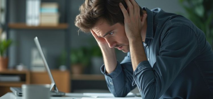 A stressed-out man sitting at a desk with his head in his hands illustrates the effects of anxiety on health