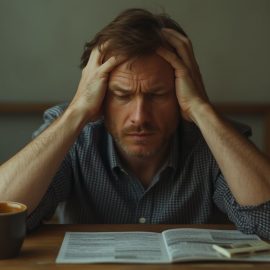 A stressed-out man with his hands on the sides of his head illustrates what causes trauma