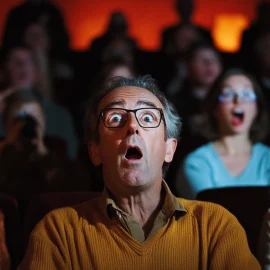 An audience of people gasping in surprise while listening to a story be told on stage