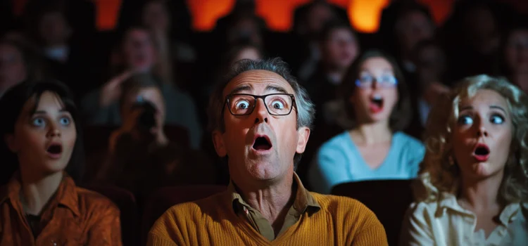 An audience of people gasping in surprise while listening to a story be told on stage