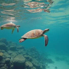 Sea turtles swimming in the ocean illustrate animal echolocation, electrolocation, and magnetoreception