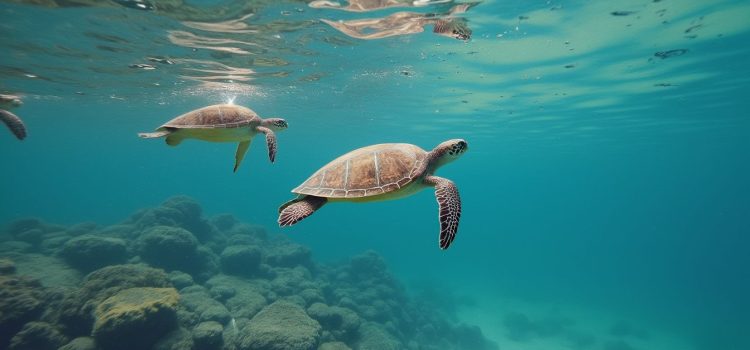 Sea turtles swimming in the ocean illustrate animal echolocation, electrolocation, and magnetoreception