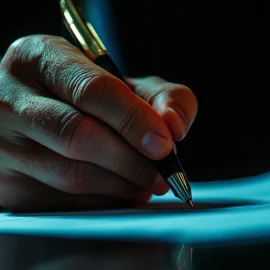 A business person taking notes with a pen to calculate return on investment in business