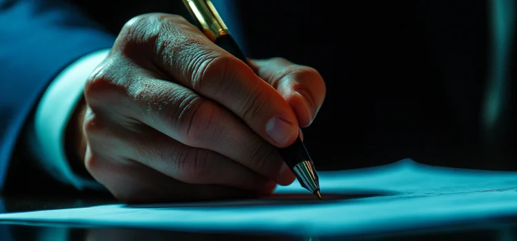 A business person taking notes with a pen to calculate return on investment in business