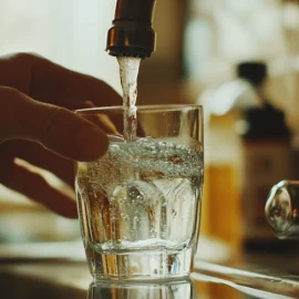 A hand filling a glass with water from the sink faucet, displaying the water fluoridation controversy