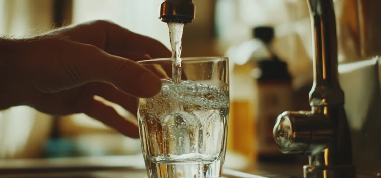 Una mano llenando un vaso con agua del grifo del lavabo, mostrando la polémica sobre la fluoración del agua.