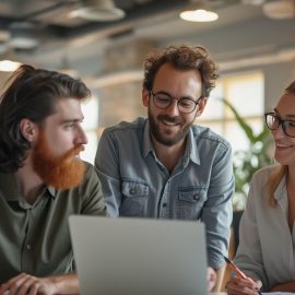 A team of two men and one woman working happily together in an open office space illustrates how to organize a team