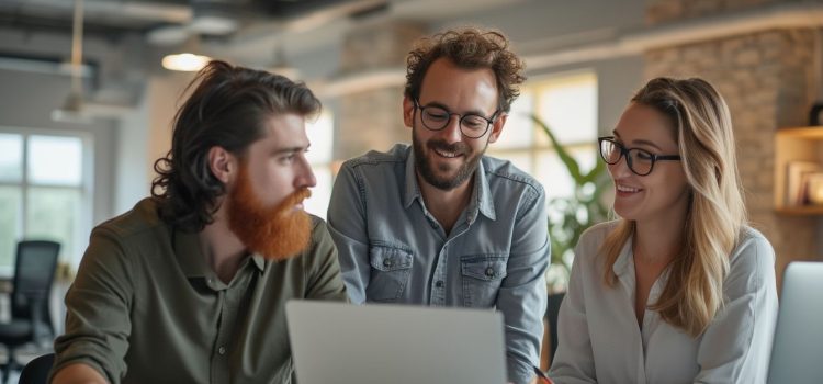 A team of two men and one woman working happily together in an open office space illustrates how to organize a team