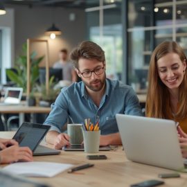 A team of one man and three women working in an open workspace illustrates company culture