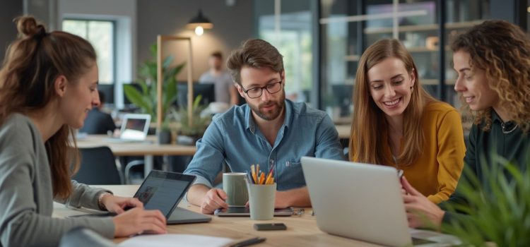 A team of one man and three women working in an open workspace illustrates company culture