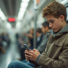 A teenager on the subway looking at his mobile phone illustrates social media as a news source