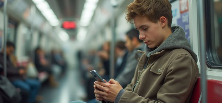 A teenager on the subway looking at his mobile phone illustrates social media as a news source