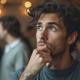 A man with wavy brown hair thinking deeply while people behind him are chatting illustrates a desire to fit in