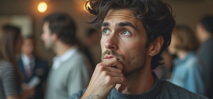 A man with wavy brown hair thinking deeply while people behind him are chatting illustrates a desire to fit in