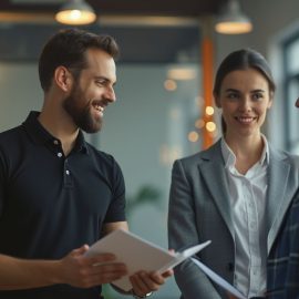 A manager chatting with two employees in an office space illustrates how to build trust as a leader