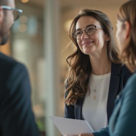 A salesperson greeting two prospective clients illustrates in-person prospecting