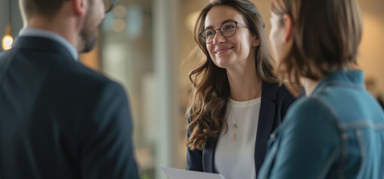 A salesperson greeting two prospective clients illustrates in-person prospecting