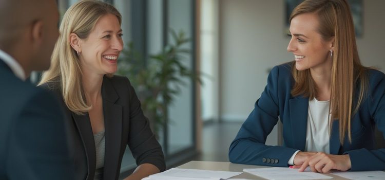 Three smiling professionals sitting at a table with papers on it illustrate how to manage investors