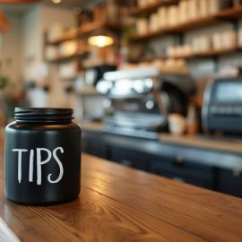 A black jar labeled "TIPS" on the counter in a cafe illustrates eliminating taxes on tips